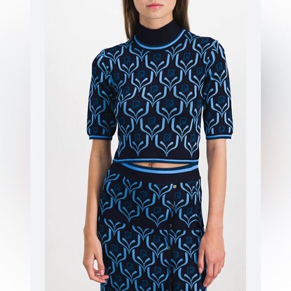 New PACO RABANNE Cropped Turtleneck Knit Top in Blue Jacquard Logo Large - Picture 5 of 16